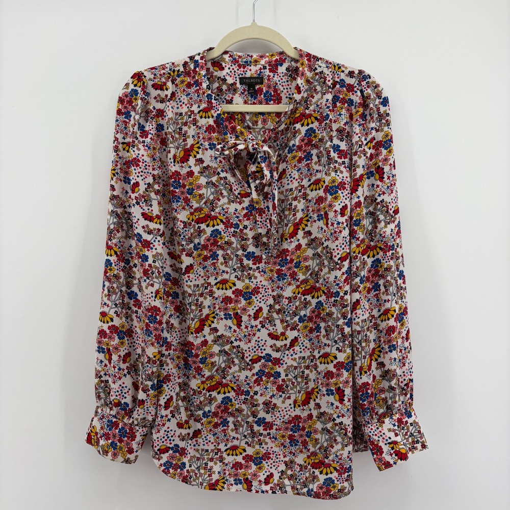 Talbots Womens Floral Print Long Sleeve Tie Neck Blouse Shirt Top M‎